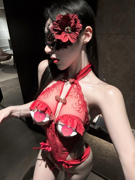 Lemon Story Lace Bodysuit for Women - Sexy Open-Crotch Uniform Style Sleepwear, Sheer Cheongsam-Inspired Nightwear - 8138 Red + Red Open Crotch Socks