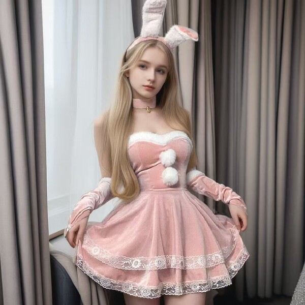 A woman wears a cute bunny-themed outfit, featuring a pink dress with white lace trimmings, fluffy pom-poms, and bunny ears, ...