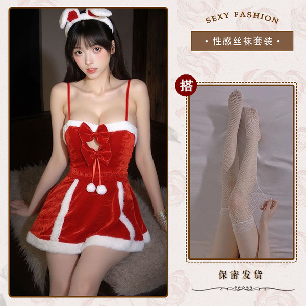 Xintao Christmas Lingerie Set - Sexy Red Velvet Sleep Dress for New Year's Eve, Role Play & Party Wear - Red and white fishnet stockings