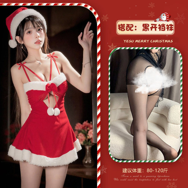 Qingqingmimi Christmas Cosplay Velvet Sleep Dress - Sexy Role Play Lingerie for Holiday & New Year Eve - Red and black open-crotch socks
