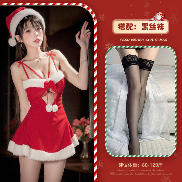 Qingqingmimi Christmas Cosplay Velvet Sleep Dress - Sexy Role Play Lingerie for Holiday & New Year Eve - Red + Black Stockings