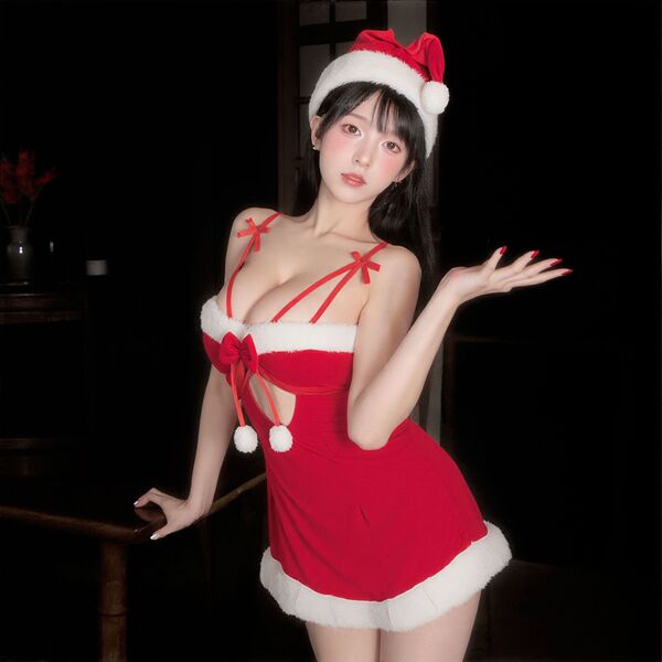 Qingqingmimi christmas cosplay velvet sleep dress - sexy role play lingerie for holiday & new year eve, festive red outfit wi...