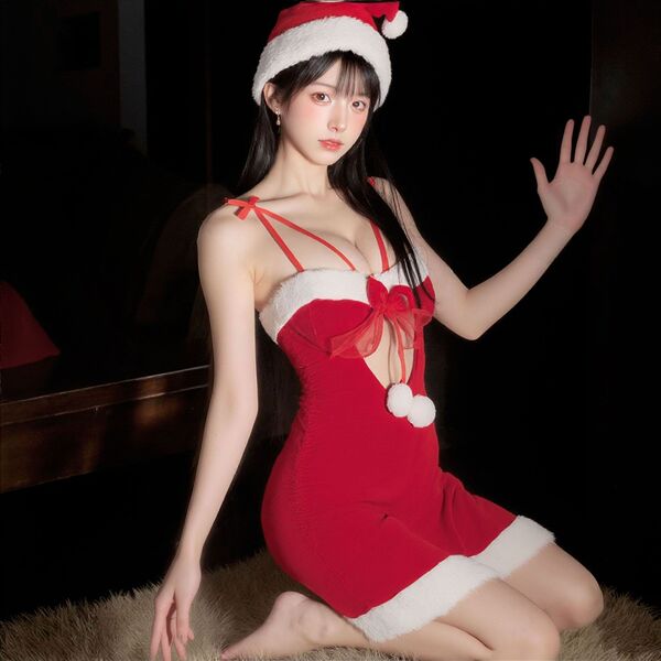 Qingqingmimi christmas cosplay velvet sleep dress - sexy role play lingerie for holiday & new year eve, festive red design wi...