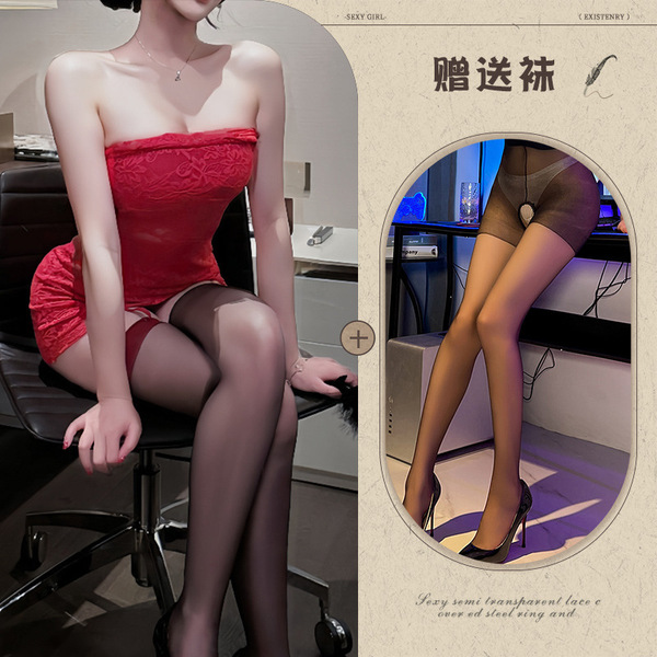 New Year Eve Lingerie Dress - Red Lace Corset Mini Dress, Sexy Bodycon Party Outfit for Women - Red and black open-crotch socks