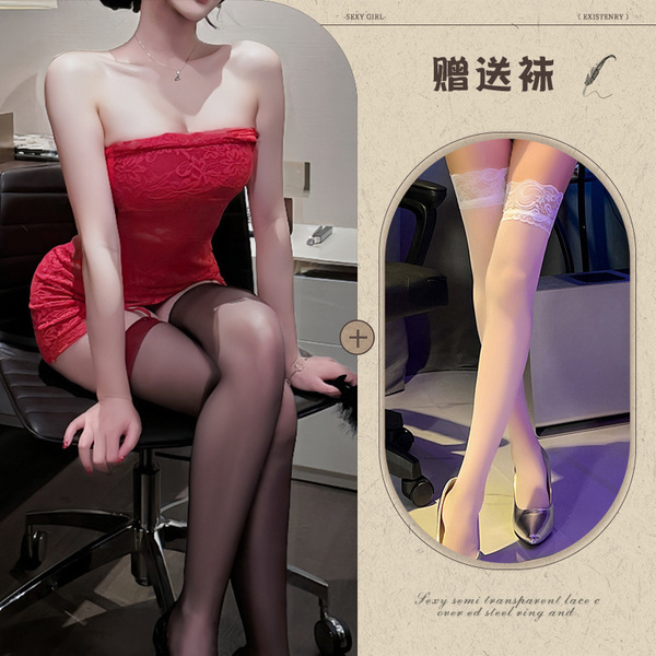 New Year Eve Lingerie Dress - Red Lace Corset Mini Dress, Sexy Bodycon Party Outfit for Women - Red and white stockings