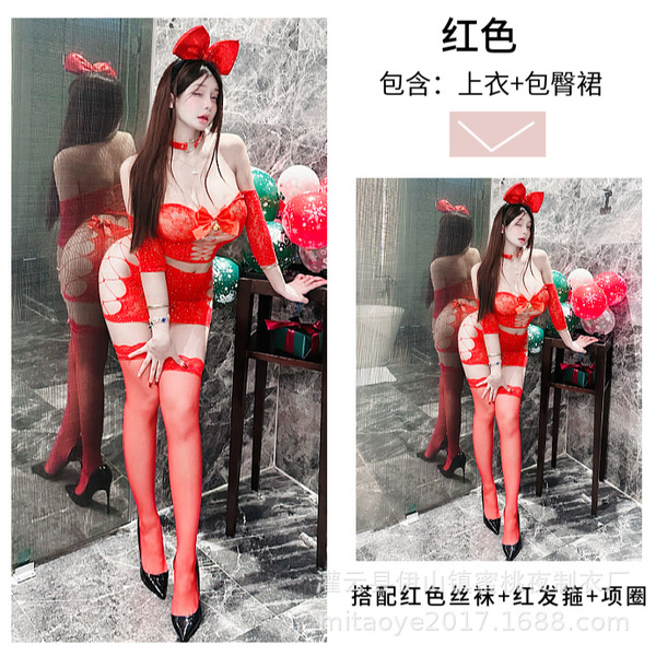 Sexy Red Velvet Santa Costume Dress - Festive Holiday Role Play Lingerie with Cut-Out Details - 820 Full Set: Red suit + red bow headband + 63 red choker + 4 red stockings