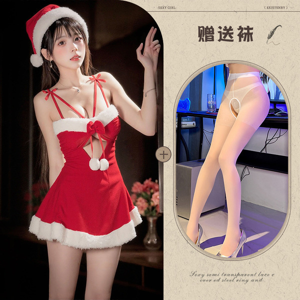 Orange Christmas Cosplay Velvet Sleep Dress - Sexy Role Play Lingerie Nightgown for New Year Eve - Red and white open-crotch socks