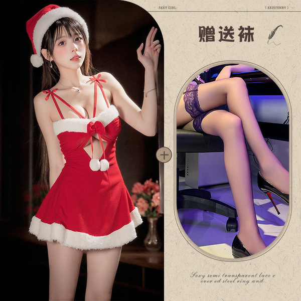 Orange Christmas Cosplay Velvet Sleep Dress - Sexy Role Play Lingerie Nightgown for New Year Eve - Red + Black Stockings