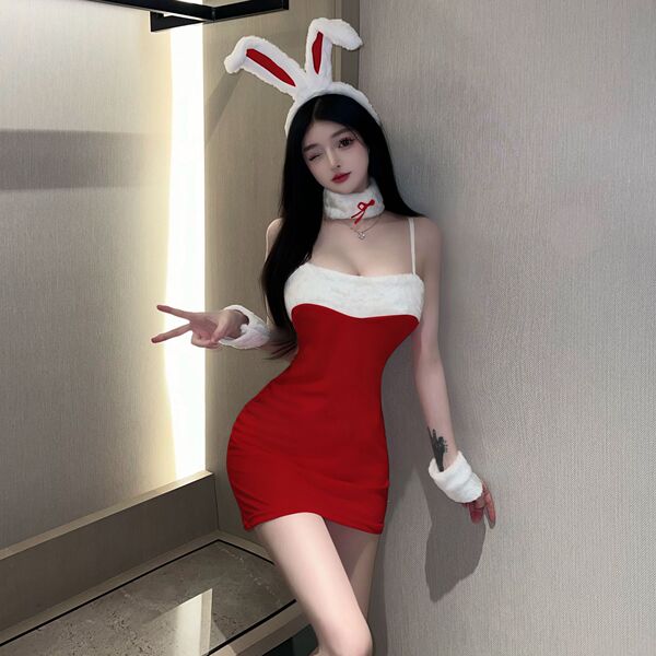 Sexy Bunny Girl Costume Set - Christmas Role Play Outfit, Tight Mini Dress & Matching Accessories - red