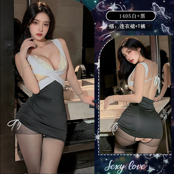 Sexy Secretary Costume Lingerie Set - Pure & Tempting Role Play Outfit for Women - Black and white dress + thong + open-crotch stockings