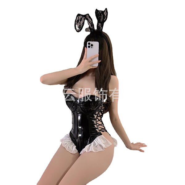 Glowing pvc mirror bunny costume - sexy black bodysuit for halloween & cosplay