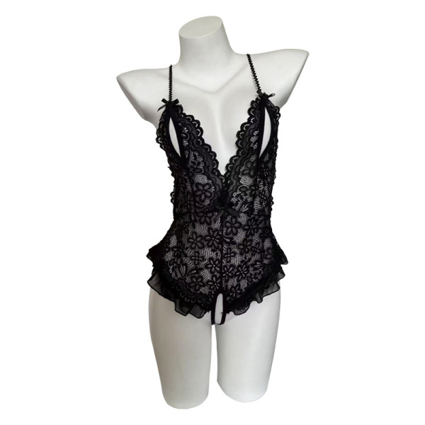 Black lace open-crotch bodysuit with sheer floral pattern and adjustable straps, displayed on a mannequin.