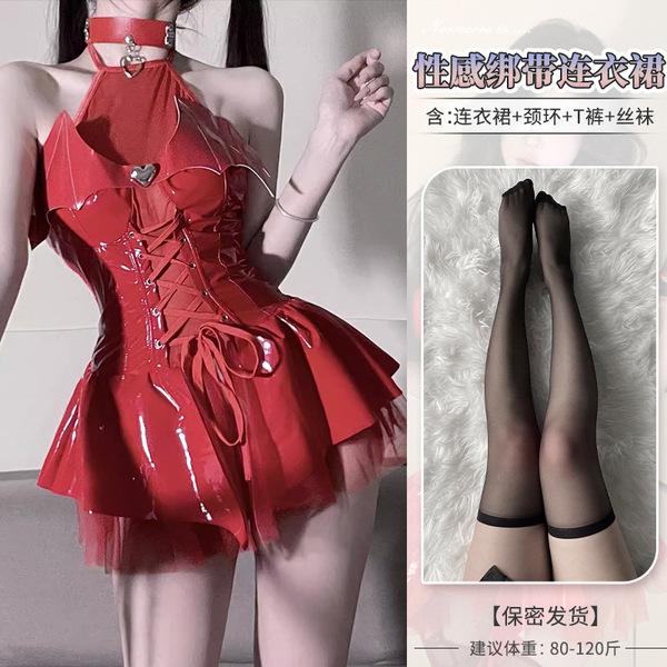 Genuine PU Leather Devil Costume Set - Seductive Role Play Lingerie Outfit for Women - 4076 Red Little Devil [+S3 Flat-Chested Stockings]
