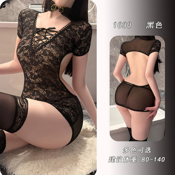 YeYu Sexy Qipao Lingerie Set for Women – Revealing Busty Tight-Fit Sleepwear with Pencil Skirt & Open-Bust Design - black
