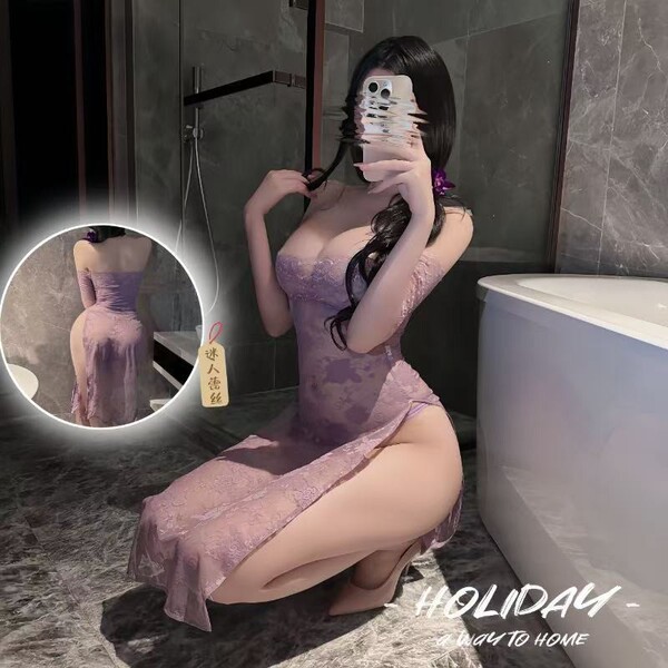 Wangchunshan wild rose off-shoulder sheer qipao lingerie for women - lace sexy pure-yu style backless bodysuit, elegant desig...