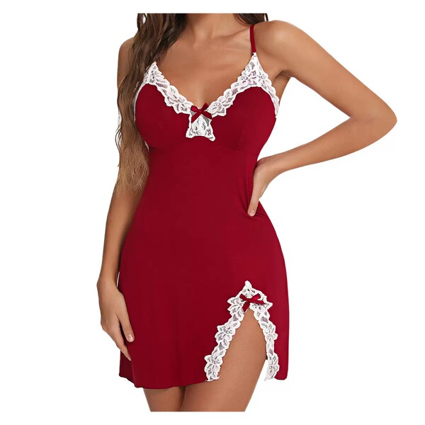 Plus Size 5XL Sexy Lace Sleep Dress with Side Slit - Women's Seductive Slip Nightgown for Temu Cross-Border Shoppers - red