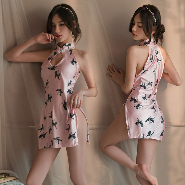 Sexy Vintage-Inspired Lace Cheongsam Set - Modest Retro Chinese Dress with Halter Neck & Side Slit - pink