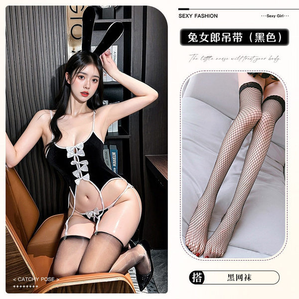 Sexy Velvet Bunny Girl Costume with Bow - Cute Christmas & New Year Outfit, Princess Tutu Dress - 8534 Black + Black Fishnet Stockings