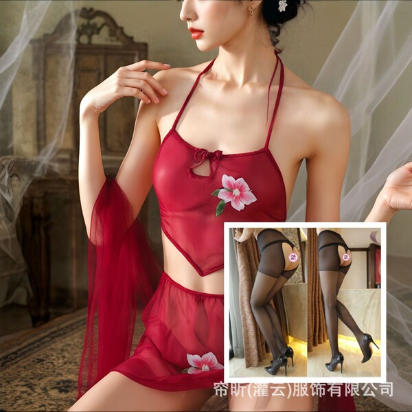 Chinese Chic Sensual Sleepwear Set - Sheer Kimono Robe & Hanfu-Inspired Bodysuit, Pure-Yu Style Lingerie - Maroon and black open-crotch socks