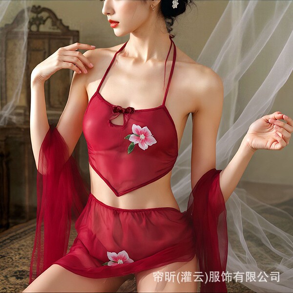 Chinese Chic Sensual Sleepwear Set - Sheer Kimono Robe & Hanfu-Inspired Bodysuit, Pure-Yu Style Lingerie - Maroon (bellyband + short skirt + shawl)