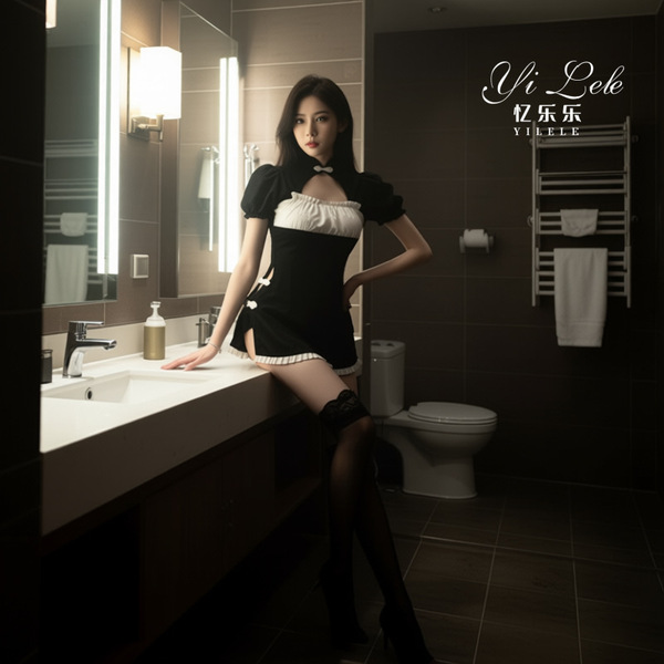 Yilele Sexy Lace Cheongsam Lingerie - Backless Sheer Satin Mini Dress with Ties, Seductive Uniform Style Outfit - black