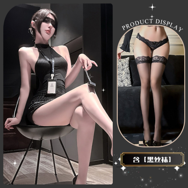 Chao Mu Sexy Secretary Costume Set - Seductive Lingerie Outfit with Bodycon Mini Skirt for Playful Elegance - Secret Branch Small Buttocks * Black + Black Stockings
