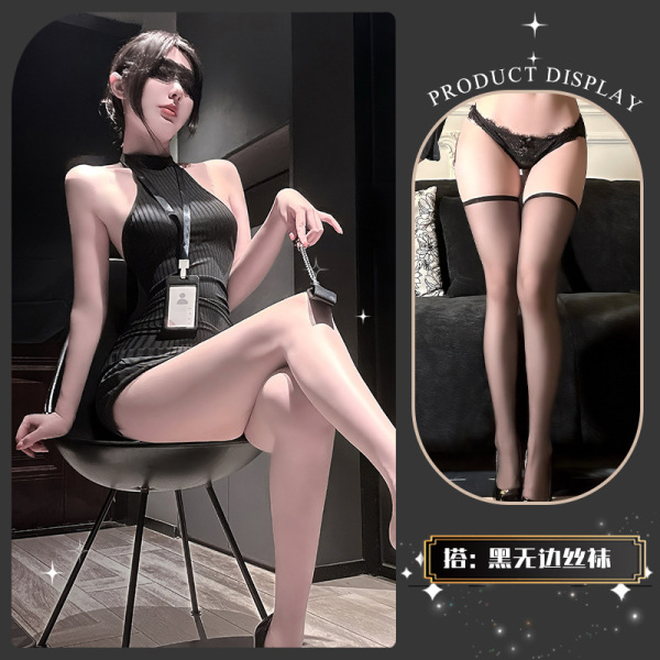 Chao Mu Sexy Secretary Costume Set - Seductive Lingerie Outfit with Bodycon Mini Skirt for Playful Elegance - Secret Branch Small Buttocks * Black + Black Boundless Stockings