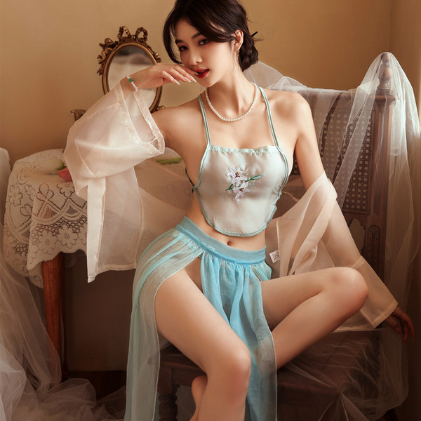 NightDream Beauty Sensual Lace Bodysuit Set – Vintage-Inspired Sheer Mesh Chinese Hanfu Style Corset & Skirt Outfit - Light blue four-piece set + black stockings