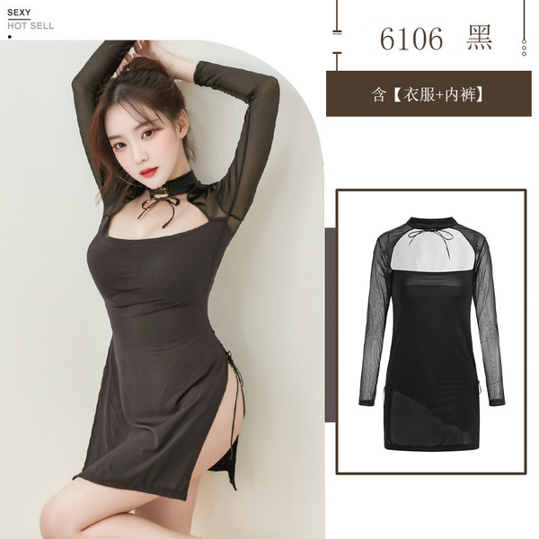 Yijin Sensual Sheer Split Cheongsam Dress Set - Elegant Erotic Costume for Women - black