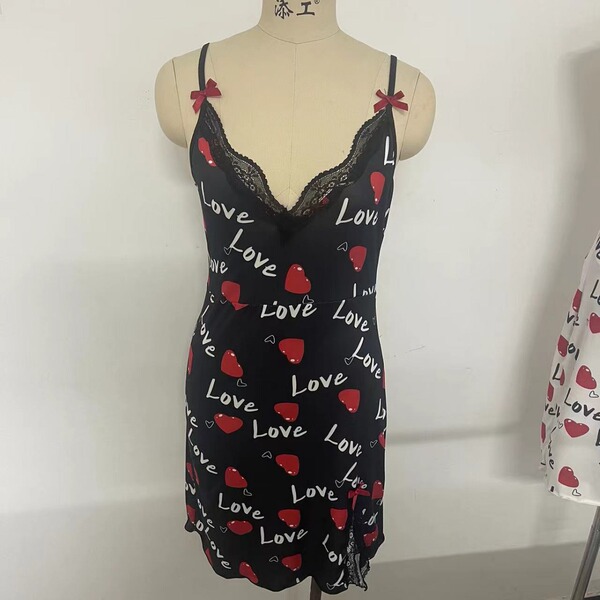 Ins cross-border lace lingerie dress - plus size heart strap nightgown, sexy elegant underwear for women