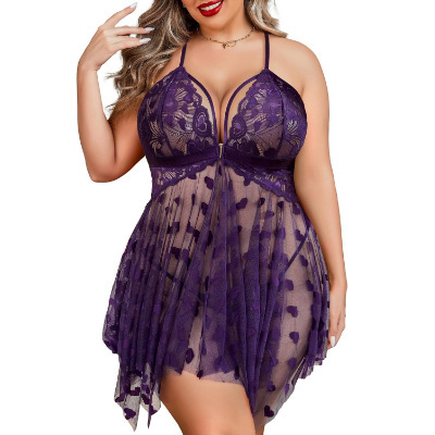 Plus Size Sexy Lingerie Set - Romantic Lace Erotic Outfit for Women,Europe and America-Style Passion Ensemble - Purple