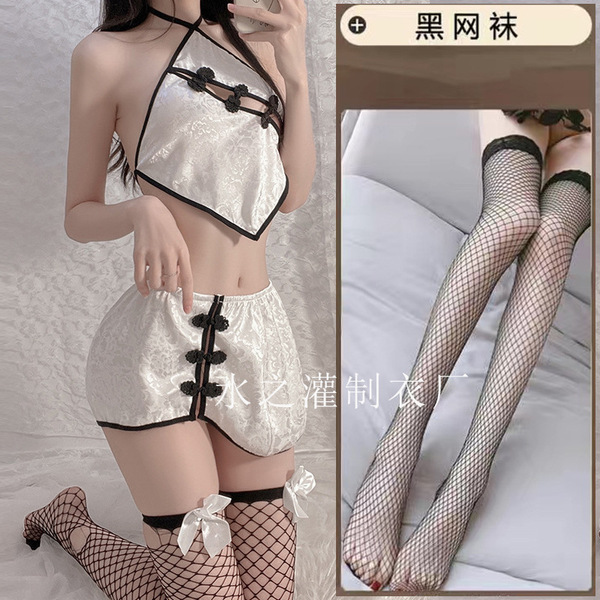 Water-Infused Lace Lingerie Set - Seductive Cut-Out Cheongsam Style Bodysuit with Halter Neck & Matching Thong - White halter-neck cheongsam [includes T-shirt and black fishnet stockings]