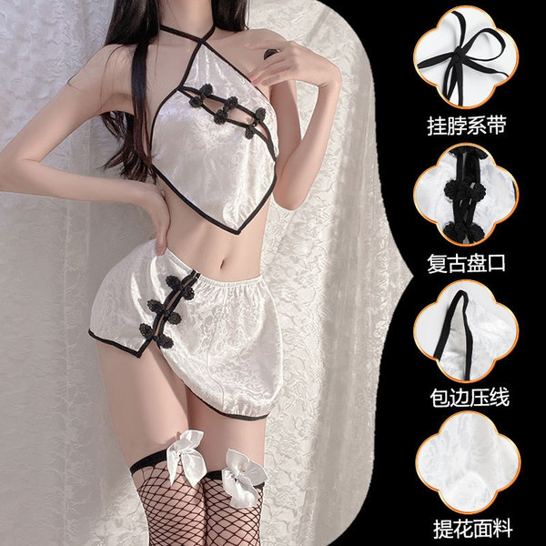 Water-infused lace lingerie set featuring a seductive cut-out cheongsam style bodysuit with halter neck and matching thong.