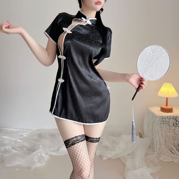 Vintage-Inspired Plus Size Erotic Qipao Dress - Seductive Chinese Silk-Style Lingerie with Embroidered Floral Motifs - Black + black stockings