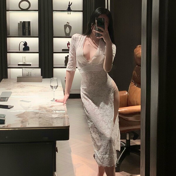 Sexy Plus Size Lingerie Set - Sheer Lace Open-Crotch Vintage Qipao Bodycon Outfit, Pure & Tempting Fit - white