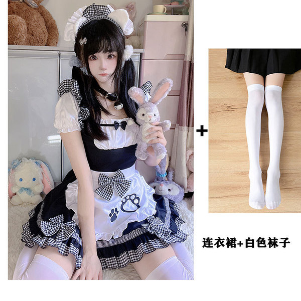 Japanese Maid Dress Cosplay Outfit - Sweet Cat Theme Lolita Dress for Girls & Anime Fans - 868 Black and White Socks