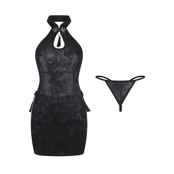 Vintage lace-up cheongsam dress with sexy backless slit and traditional frog buttons, paired with matching lingerie set.