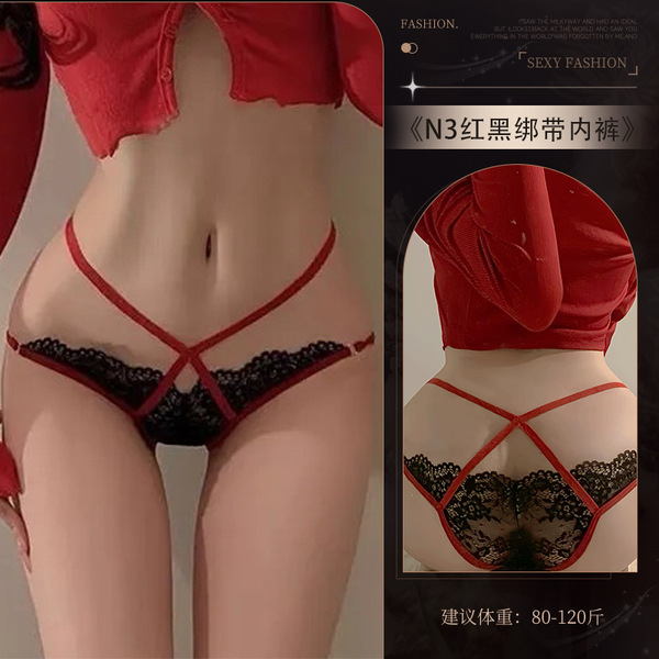 Genuine Cloud Lace Thong - Sexy Sheer Pure-Delight Women's Open-Crotch T-Back Panty, No-Remove Temptation Lingerie - N3★Black + Red
