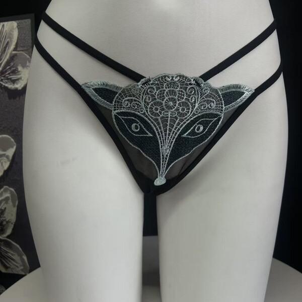 2026 Fox Embroidery Lace Mesh Bikini Panties – Sexy Cotton Antibacterial Briefs with Sheer Cutouts & Crisscross Back