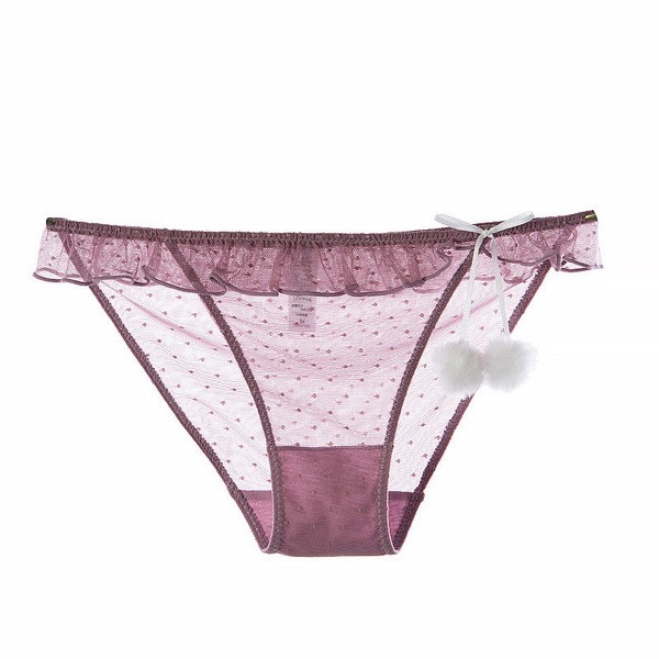 Sexy sheer lace bikini panties featuring fluffy pom-poms, low-rise design, delicate mesh fabric.