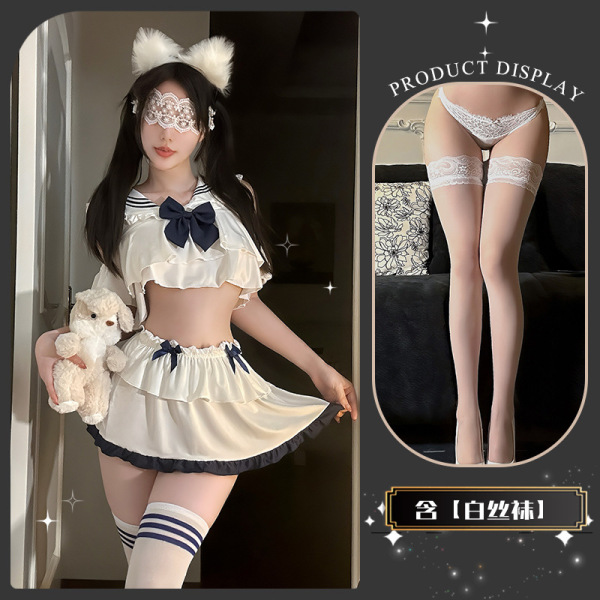 JinXiao JK Style Flirty Lingerie Skirt - Pure & Tempting Pleated Mini Skirt for Sensual Elegance - Gardenia Crisp Tea ~ + White Stockings