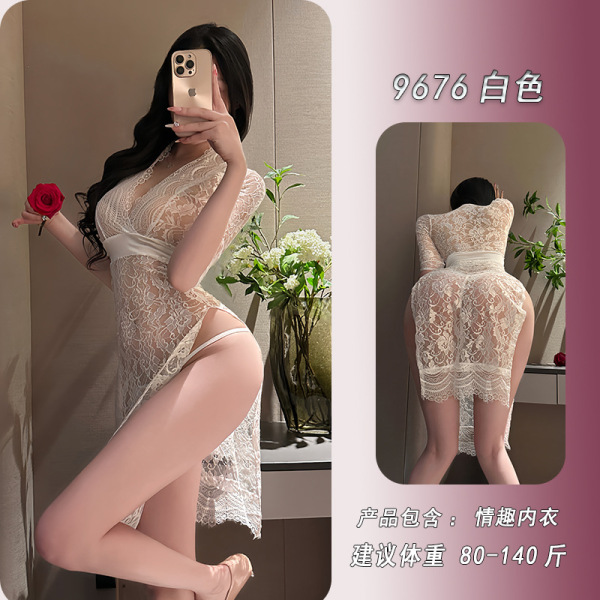 Fei Niao Moon Gazing Lingerie Set - Sexy Deep V Lace Sheer Outfit with Side Slit & Bodycon Uniform Style - White maxi dress + T-shirt