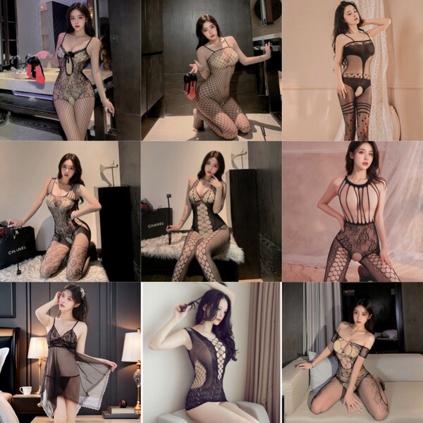 Sexy Sheer Mesh Lingerie Set for Small Bust - Open-Crotch Transparent Sleepwear & Provocative Costume Outfit - Celebrity 9-piece set