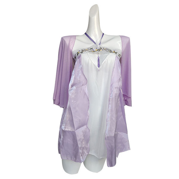 Misty Romance Chinese New Year Lingerie Set - Sheer Vintage-Inspired Bedroom Sleep Dress, No-Remove Seductive Nightwear - 9013-Purple