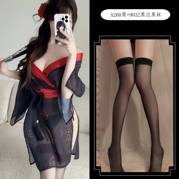 Japanese-Inspired Sexy Kimono Lingerie Set – Pure & Alluring No-Remove Sleepwear in Black A260 - Set + 9032 Black-edged Black Stockings