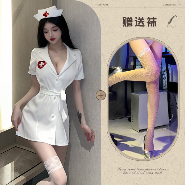 YueDie Sexy Nurse Costume Set - Deep V Lingerie Outfit for Role Play & Adult Fun - White suit + white fishnet stockings