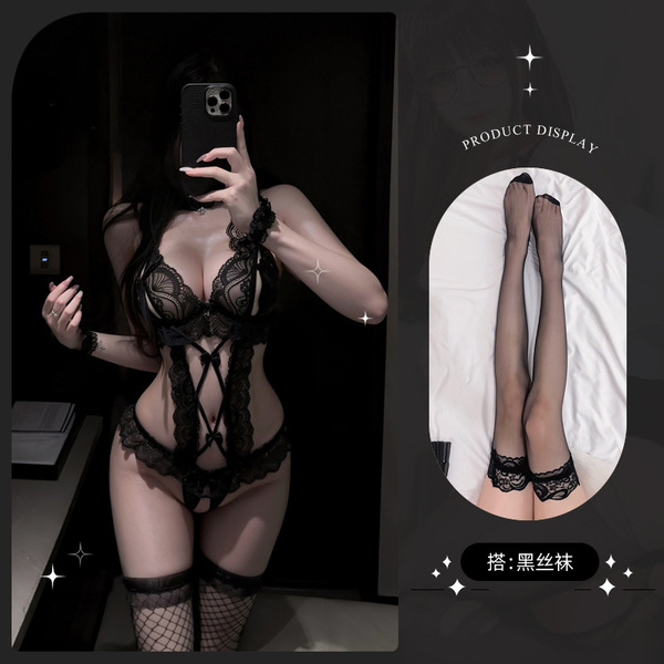 Lemon Story Sexy Lace Bodysuit - Seductive Sheer Open-Crotch Costume for Women, Pure & Tempting Lingerie - 9087 Black + Black Stockings