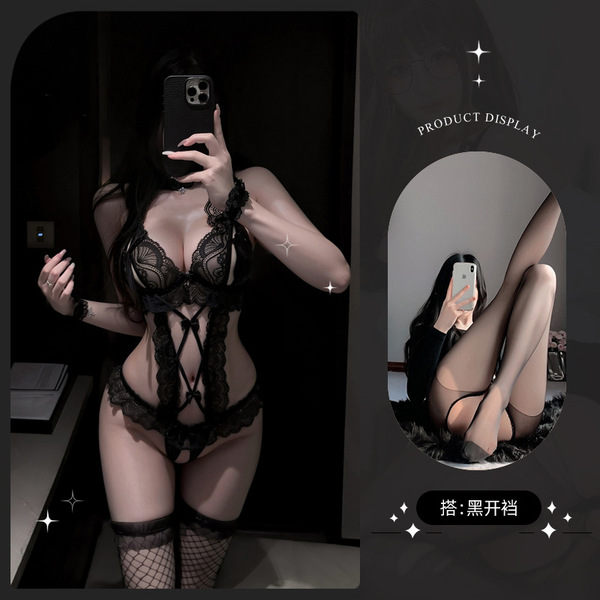 Lemon Story Sexy Lace Bodysuit - Seductive Sheer Open-Crotch Costume for Women, Pure & Tempting Lingerie - 9087 Black + Black Open Crotch Stockings