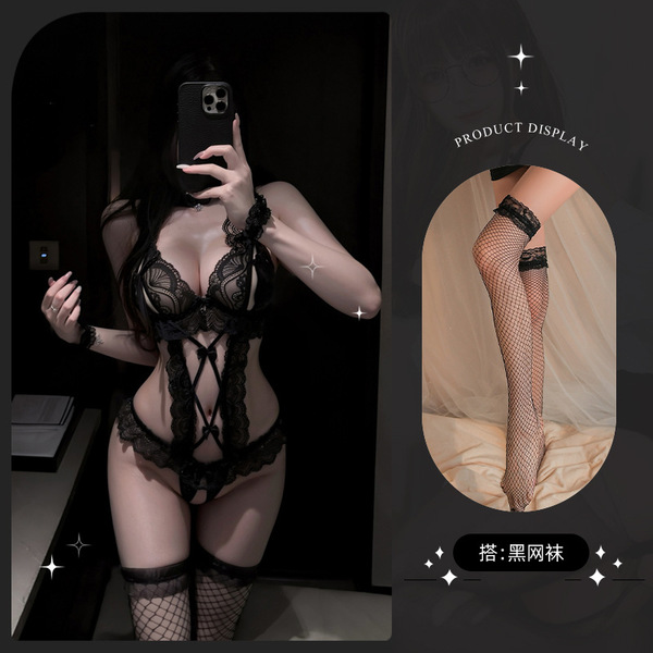 Lemon Story Sexy Lace Bodysuit - Seductive Sheer Open-Crotch Costume for Women, Pure & Tempting Lingerie - 9087 Black + Black Fishnet Stockings + Black Eye Mask