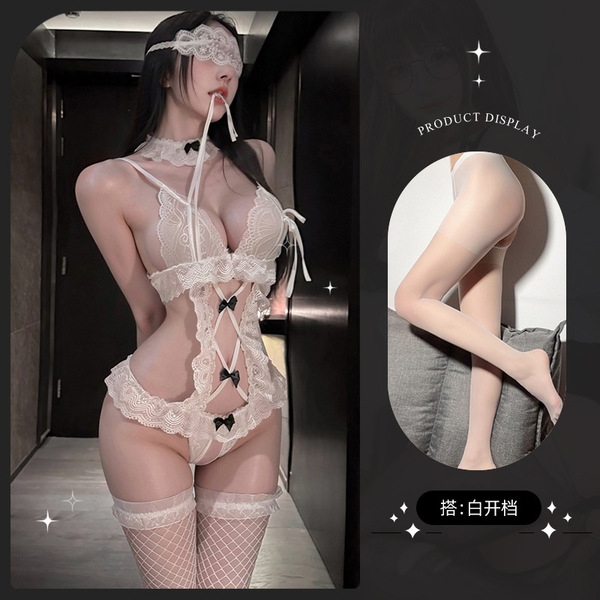 Lemon Story Sexy Lace Bodysuit - Seductive Sheer Open-Crotch Costume for Women, Pure & Tempting Lingerie - 9087 White + White Open Crotch Socks